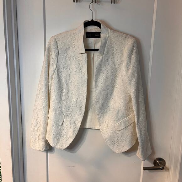 Zara White Floral Lace Formal Blazer Jacket Size XL - Picture 2 of 8
